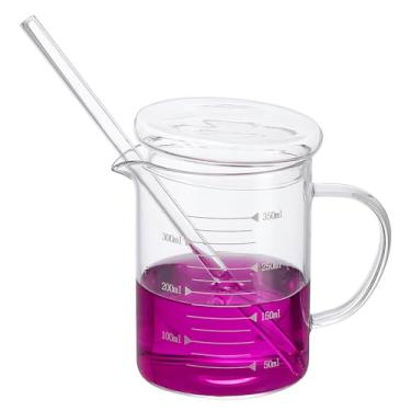 Imagem de PATIKIL Copo medidor de vidro de 350 ml, copo de vidro borossilicato graduado copos de medida líquida com tampa de vidro bico em forma de V para cozinha bebendo restaurante, balança impressa branca