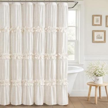 Imagem de XOGUIBO Cortina de chuveiro com babados de linho com gravata borboleta feita à mão, cortina de chuveiro vintage para banheiro, creme, 183 cm L x 228 cm A