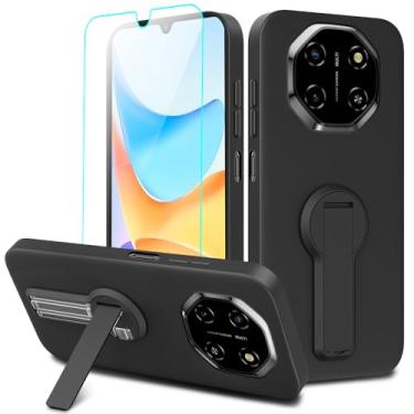Imagem de Capa de telefone compatível com Blackview Shark 6 5G com protetor de tela de vidro temperado, rotação de 360° com suporte oculto, suporte, suporte, silicone, TPU, capa protetora para Blackview Shark6