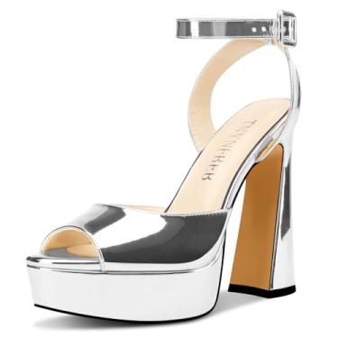 Imagem de TNYNFBEB Sandália feminina de salto plataforma alta bloco grosso peep bico aberto tira no tornozelo fivela vestido de formatura couro envernizado 5,1 polegadas salto, Prata, 35