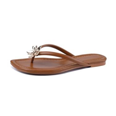 Imagem de Gothictor Sandálias femininas rasteiras florais femininas bico redondo confortável salto baixo elegante sandálias de praia, Marrom, 40