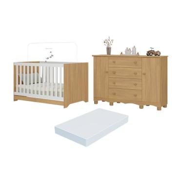 Imagem de Berço Americano 3 Em 1 Com Colchão Incluso E Cômoda 2 Portas 4 Gavetas Dengo Multimóveis MP4706 Madeirado