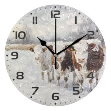 Imagem de Qilmy Relógio de parede pequeno moderno de vacas de inverno, 25 cm, operado por bateria, silencioso, sem tique-taque, relógio analógico decorativo para casa, escritório, escola, quarto, banheiro e