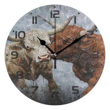 Imagem de JUZIHAI Relógio de parede Highland Cows Fighting, silencioso, sem tique-taque, redondo, operado por bateria, fácil de ler, relógio decorativo de parede para casa, cozinha, sala de estar, quarto