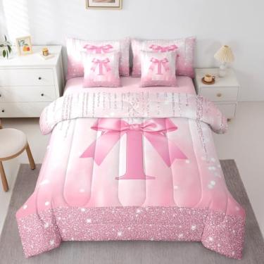 Imagem de Feelyou Conjunto de cama solteiro com laço rosa, 7 peças, lençol com estampa de princesa e glitter, 7 peças, 7 peças