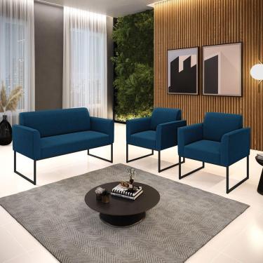 Imagem de Namoradeira E 2 Poltronas Pé Ferro Preto Marisa Bouclê Cor Azul