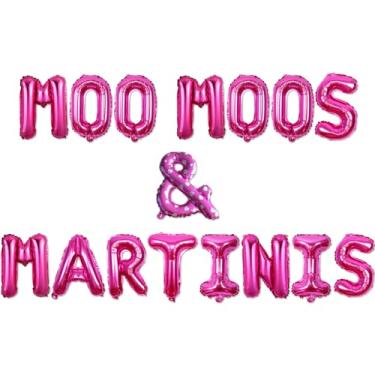 Imagem de Funmemoir Balão de alumínio Moo Moos & Martinis - Decorações de festa de aniversário de martini rosa choque, balões de alumínio de 40,6 cm com fita branca para festa de despedida de solteira com tema