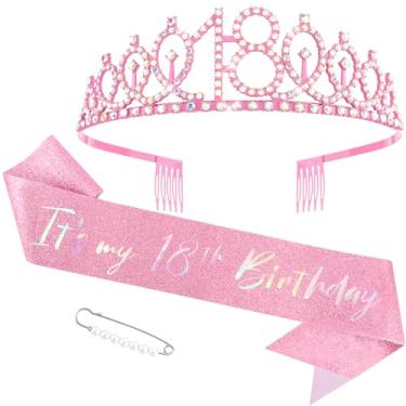 Imagem de Canitor Decorações de aniversário de 18 anos rosa para meninas, tiara de coroa e faixa de 18 anos, ideias de presente para meninas de 18 anos, artigos de festa feliz para 18 anos