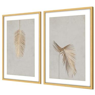 Imagem de Quadros Decorativos com Moldura Sala Quarto Duo Floral Folha de Palmeira Dourada com Textura Quadros e Obras de Arte(Freijó 40x60 Com Vidro)