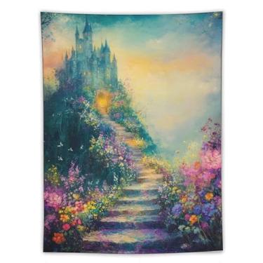 Imagem de Tapeçaria Dreamy Blue Castle Garden Staircase Wall Hanging Colorful Floral Path Landscape Art For Bedroom Living Room Dorm Apartment Romantic Fairytale Wonderland DecorTapestry152 x 203 cm