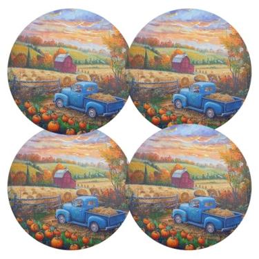 Imagem de Jogo americano de fazenda de colheita de outono, conjunto de 4 jogos americanos laváveis para cozinha, mesa de jantar, 38 cm, rodada, uso interno, PVC circular