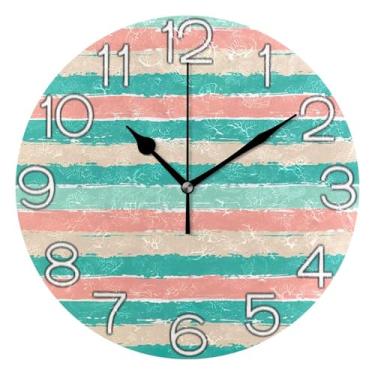 Imagem de Relógio de parede decorativo horizontal listrado em cores pastel, relógio analógico de cozinha, bonito operado por bateria, arte de parede boêmio, decoração de casa, 25 cm, ponteiros pretos