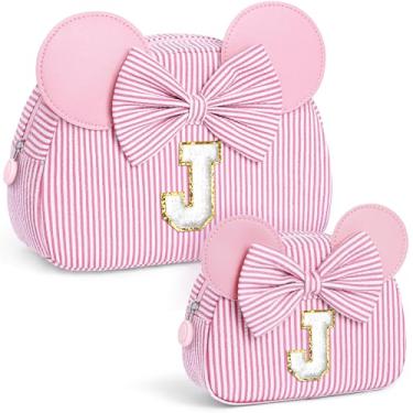 Imagem de QLOVEA Presentes de Natal para netos, bolsa de cosméticos inicial, bolsa de maquiagem de viagem, presentes de aniversário personalizados para crianças, rosa