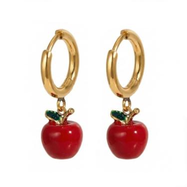 Imagem de Brincos pendentes de argola pequena de maçã 3D vermelha para mulheres, aço inoxidável, esmaltado, frutas, cartilagem, brincos, fofo, dia do professor, joia de formatura para filha, banhado a ouro 18 K