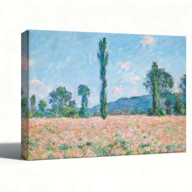 Imagem de Arte de parede de campo de papoula, pintura a óleo em tela flores silvestres vermelhas e rosa sob o céu azul, arte de paisagem de campo, decoração de parede de casa de fazenda para sala de estar, 20 x
