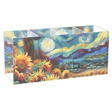 Imagem de TSENQUE Porta-lápis de mesa de acrílico para noite estrelada, girassol, porta-canetas, personalizado, papelaria, caneta, caneta, caneta, acessórios para escritório, acessórios de mesa