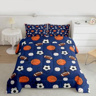 Imagem de Feelyou Conjunto de cama para meninos e meninas, tamanho solteiro, futebol, beisebol, basquete, futebol, microfibra, jogo de bola, decoração de quarto, 2 peças com 1 fronha