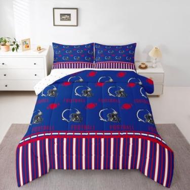Imagem de jejeloiu Conjunto de cama solteiro de futebol americano, para meninos, meninas, adolescentes, rúgbi, futebol americano, cidade, azul, vermelho, decoração de quarto, respirável, macio e leve de