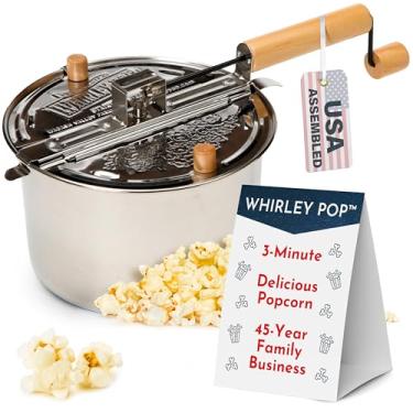 Imagem de Máquina de pipoca original Whirley Pop – Pipoqueira de pipoca de 6 litros, engrenagens de metal, topo de fogão Wabash Valley Farms Stove, Pote de pipoca gourmet, pipoqueira culinária (aço inoxidável)