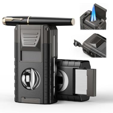 Imagem de Ferramenta integrada para isqueiro 6 em 1, perfurador, suporte, ferramenta de realçador de puxar, chamas triplas ajustáveis, acessórios multifuncionais (sem gás butano), (cinza) (cinza)