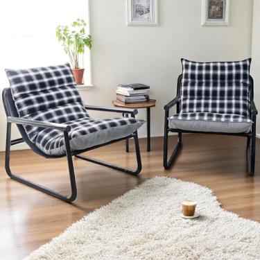 Imagem de LTTROMAT Conjunto de 2 cadeiras de destaque, poltrona de braço confortável com almofada de linho e veludo, cadeira de leitura moderna com apoio de braço de metal, cadeira aconchegante para quarto,