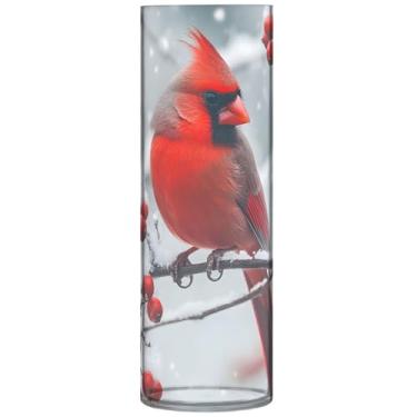 Imagem de Vasos de flores decorativos cilíndricos de inverno vermelho cardeal pássaro vasos e plantadores de plástico decoração floral personalizada para sala de estar, 30 cm x 9,9 cm