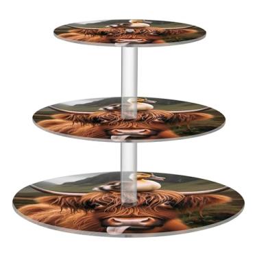 Imagem de Suporte de cupcake de 3 camadas redondo engraçado vaca highland pato acrílico para exibição de torre de cupcake, mesa de aniversário, suporte de sobremesa, decorações para festas de chá