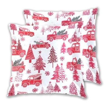 Imagem de Joitme Conjunto de 2 capas de almofadas decorativas de sofá com árvores vermelhas de Natal e caminhão, branco, 45,7 x 45,7 cm, 2 peças