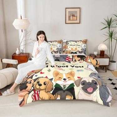 Imagem de Conjunto de edredom Queen com tema de cachorro para crianças e adultos, conjunto de edredom com desenho animado Corgi para jovens, homens, adolescentes, crianças, animais de estimação rústicos, 3
