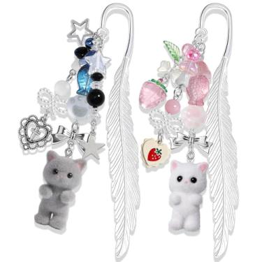 Imagem de Buleens Pacote com 2 marcadores de livro para mulheres que lêem – Marcadores de livros para leitores, gato fofo, rosa, cinza, marcador de livro personalizado com pingentes, acessórios de livros