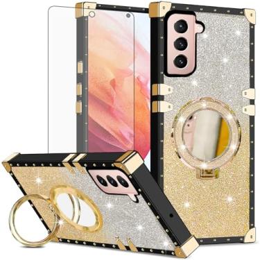 Imagem de Asuwish Capa de celular para Samsung Galaxy S21 5G 6,2 polegadas capa magnética com protetor de tela de vidro temperado e espelho brilhante brilhante anel resistente à prova de choque suporte rígido S