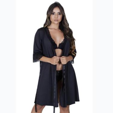 Imagem de Robe Curto Com Renda Vellfer VF-45 Microfibra, Preto, GG