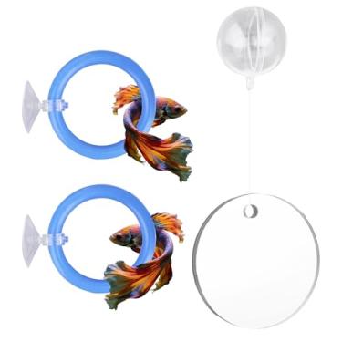 Imagem de Fukaisu Conjunto de Acessórios para Aquário Peixe Betta, Inclui 1 Espelho com Bola Flutuante 2 Anéis de Treino e Anel Alimentação Como Brinquedos Enriquecimento Ambiental para Aquário(Azul)