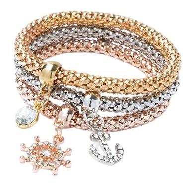 Imagem de Pulseiras multicamadas com pingentes de cristal - 3 peças de ouro/prata/ouro rosa pulseira de corrente de milho para mulheres, árvore da vida, pulseira elástica em forma de coração, One Size, Liga