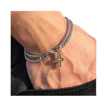 Imagem de Pulseira De Pulso Masculina Em Aço Inoxidável Com Dupla Corrente Cruza