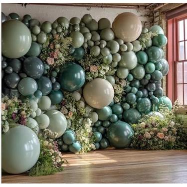 Imagem de Kit de arco de balão branco verde empoeirado duplo de sálvia verde claro branco areia bege guirlanda com folhas para aniversário, chá de bebê, chá de panela, casamento, decoração de festa selvagem