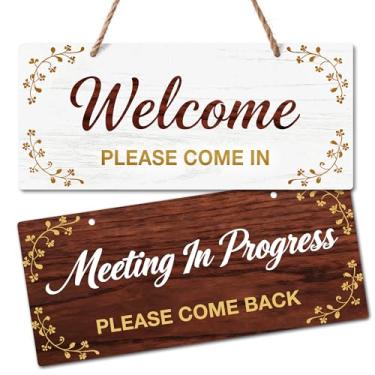 Imagem de Placa In A Meeting para porta de escritório, placa de gancho de porta de escritório dupla face, acrílico Welcome Please Come In, Meeting In Progress Please Come Back, branco e marrom
