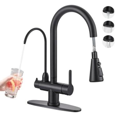 Imagem de Torneira de cozinha com torneira de filtro de água, torneira de água potável de aço inoxidável preto, torneira de pia de cozinha de arco alto com 2 alças com pulverizador de puxar para baixo para pia
