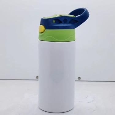 Imagem de Garrafas Térmicas Infantis com Tampa Flip, Aço Inoxidável, 350ml, Escolar, Criança, Suco, Agua, Com Adesivos, Parede Dupla, Garrafinha Com Canudo e Trava, Premium STECRIS (verde com azul)