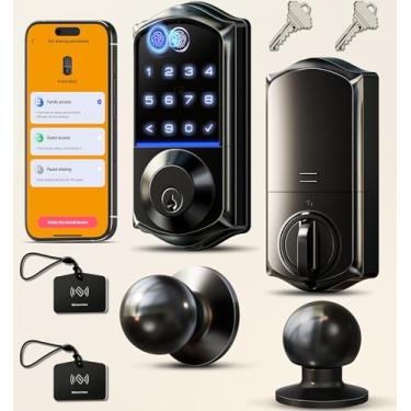 Imagem de Veise Fechadura inteligente de impressão digital VE017-K com 2 maçanetas, controle de aplicativo, fechadura frontal de porta de entrada sem chave com conjunto de alças, fechadura digital eletrônica, à