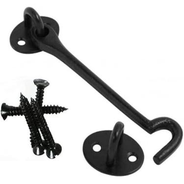 Imagem de Gancho e olhal trinco parafuso portão trava de gancho de portão, trava preta cabine metal gancho trava de armário resistente para porta portão janela armário galpão botão (tamanho: 100 mm)