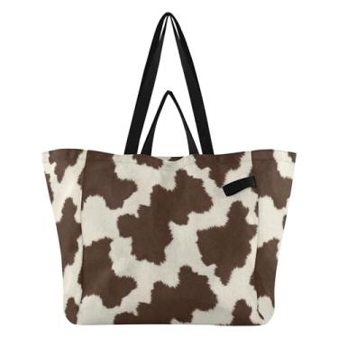 Imagem de SEHANY Sacolas de compras reutilizáveis com estampa de vaca marrom e branca com alças reforçadas, bolsa de compras de lona dobrável à prova d'água de grande capacidade para viagem, cozinha, praia