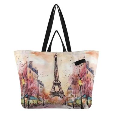 Imagem de SEHANY Sacola de compras reutilizável da Torre Eiffel de Paris com alças reforçadas, bolsa de compras de lona dobrável à prova d'água de grande capacidade para viagem, cozinha, praia