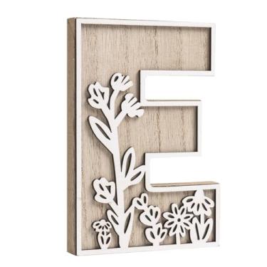 Imagem de caiydramy Letras de madeira florais pintáveis em camadas 3D para decoração de parede, letras do alfabeto de 12,4 cm para artesanato, letra E, decoração de mesa, placa de nome de berçário boho