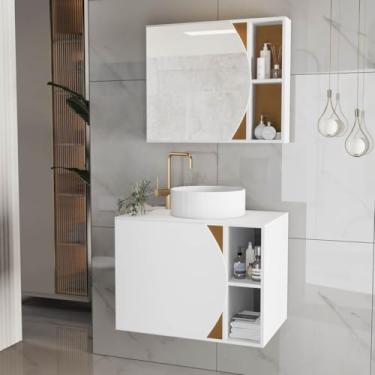 Imagem de Gabinete de Banheiro em MDF – Com Espelheira e Cuba, Armário Resistente à Umidade para Higiene e Cosméticos Doméstico (Branco)