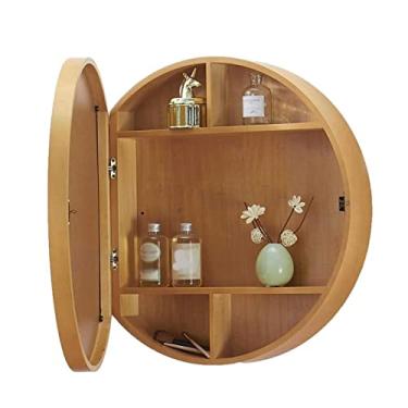 Imagem de U5GAAALPPQ9 Armário redondo para espelho de banheiro, armário organizador de armazenamento de moldura de madeira montado na parede, armário de remédios com 3 prateleiras, armário de espelho de vaidade