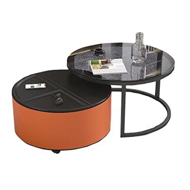 Imagem de U5GAAALPPQ9 Mesa de centro com mesa extensível de armazenamento na sala de estar, mesa de centro em madeira maciça e vidro temperado, verde escuro e laranja (laranja)