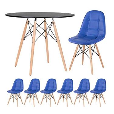 Imagem de Loft7, Kit Mesa Redonda Eames 90 cm Preto + 6 Cadeiras Eames Botonê, PU sintético, Aço e Madeira, Escritório, Sala de Estar e Sala de Jantar - Azul