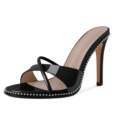 Imagem de Younton Sandálias femininas de salto alto salto alto aberto bico redondo sem cadarço confortável vestido sexy com contas sandálias de salto alto para festa noturna formatura 10 cm, Preto envernizado