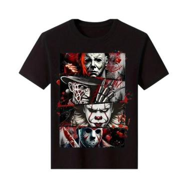 Imagem de Camiseta Masculina Preta De Algodão Com Estampa De Ícones De Terror Ja